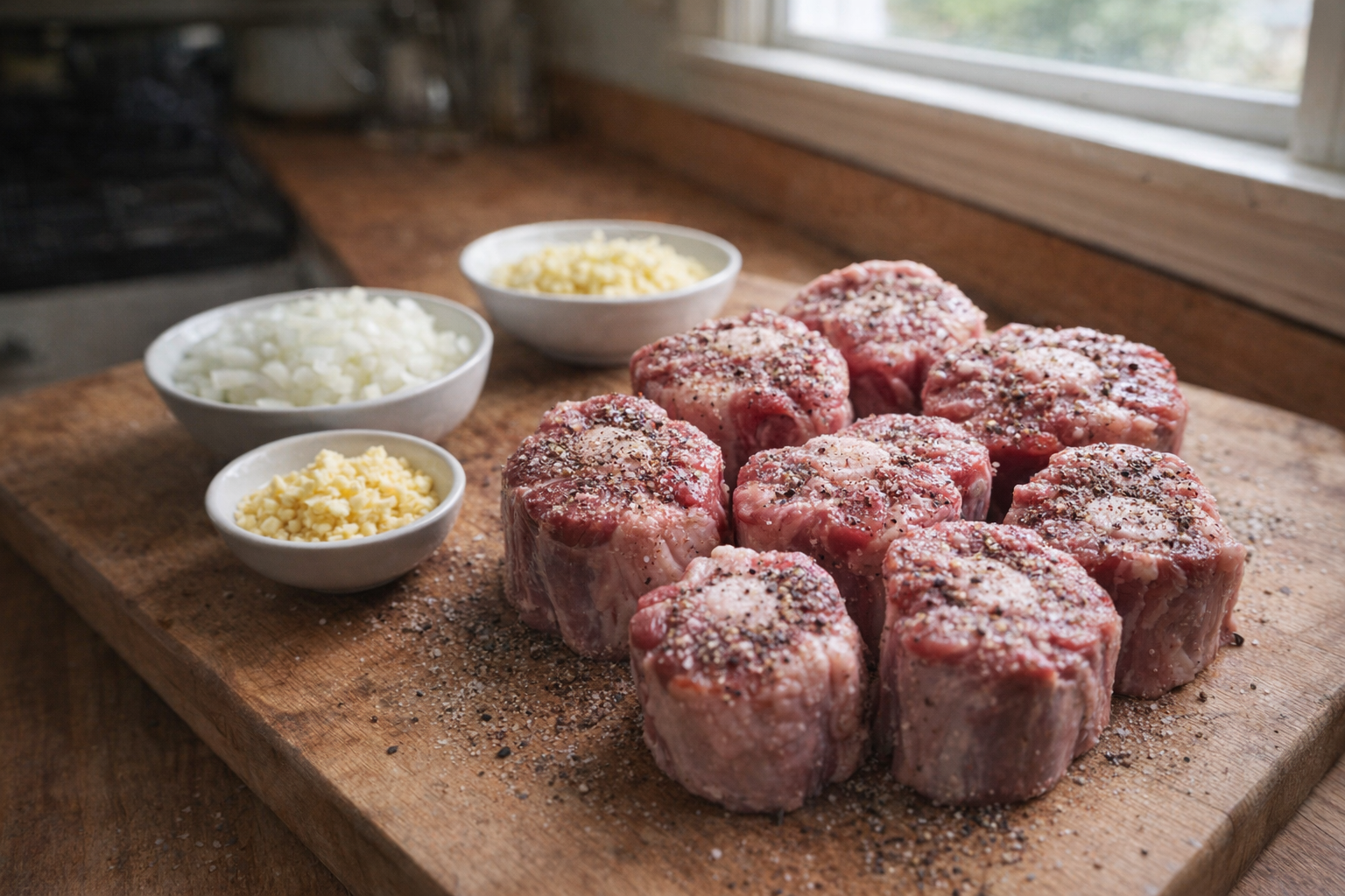A close-up shot of raw oxtails seasoned with salt and pepper on a wooden cutting board, diced onions, minced garlic, and ginger in separate bowls, natural light from a kitchen window